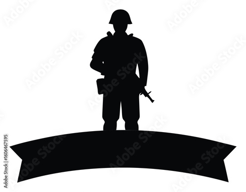 Silhouette of a soldier with a rifle standing behind a banner template to honor military service members and veterans