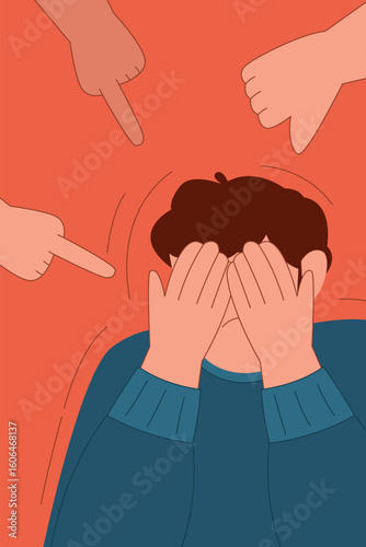 A person covers their face in embarrassment as multiple hands point and judge, illustrating feelings of shame and rejection.