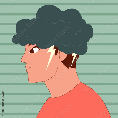 A man with stormy clouds and lightning in his mind reflects strong anger and inner tension.