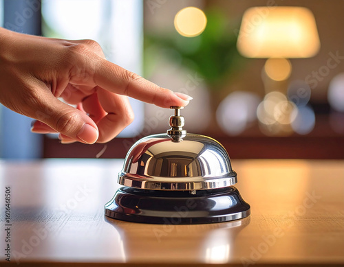 Hand Pressing Hotel Bell: Finger Touching Classic Reception Bell on Counter, Hospitality Concept for Service, Concierge, and Front Desk Interaction in Hotel or Office Settings
