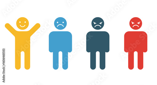 Moods and emotions icons with happy sad angry and frustrated stick figures in different colors