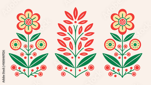 Scandinavian Floral Folk Art Vector Bundle Red Green Yellow Flowers