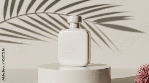 White perfume bottle mockup on pedestal with palm leaf shadow for product presentation and branding