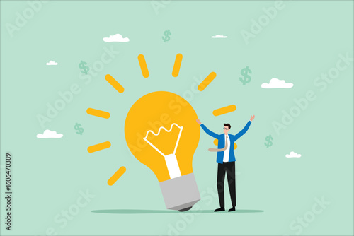 Businessman Embracing a Luminous Lightbulb Creative Thinking money rain illustration 