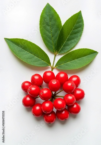 branch of red currant with leaves, Single red Schisandra Chinensis berry isolated on white. Berry has black seeds. Leaves attached to stem slightly to its right. Central position with minimal backgrou