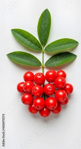 red berries on a tree, Single red Schisandra Chinensis berry isolated on white. Berry has black seeds. Leaves attached to stem slightly to its right. Central position with minimal background. Berry is