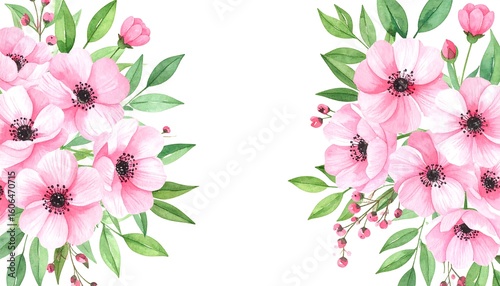 Delicate watercolor illustration featuring symmetrical floral arrangement on white backdrop