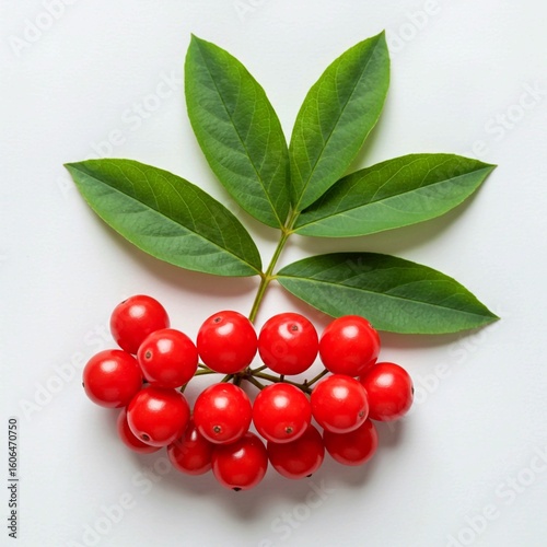 bunch of red berries of viburnum, Single red Schisandra Chinensis berry isolated on white. Berry has black seeds. Leaves attached to stem slightly to its right. Central position with minimal backgroun
