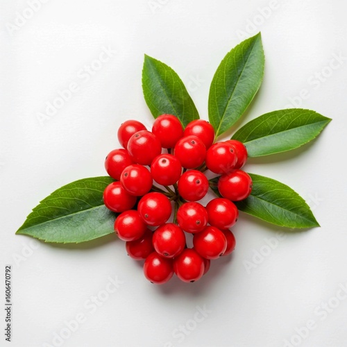 branch of a red currant with leaves, Single red Schisandra Chinensis berry isolated on white. Berry has black seeds. Leaves attached to stem slightly to its right. Central position with minimal backgr