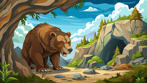 A cave bear sniffs around a rocky hillside cave, its claws scraping across the stone as it explores.