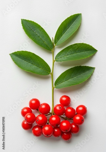 branch of a red currant, Single red Schisandra Chinensis berry isolated on white. Berry has black seeds. Leaves attached to stem slightly to its right. Central position with minimal background. Berry 