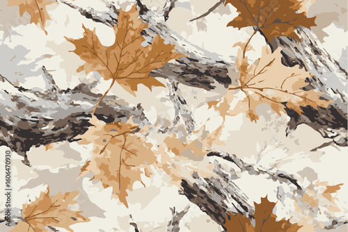 A Camouflage pattern with leaves and tree trunks.Hunting camouflage with tree for hunting and military. Hunting camouflage seamless pattern design. Vector hunting camo background.