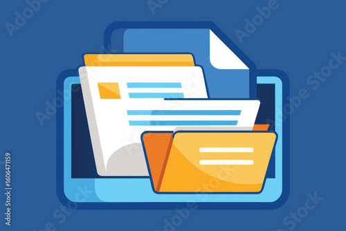 Open folder icon displaying documents and files for easy access and transfer in a digital interface, perfect for organizing information on a computer
