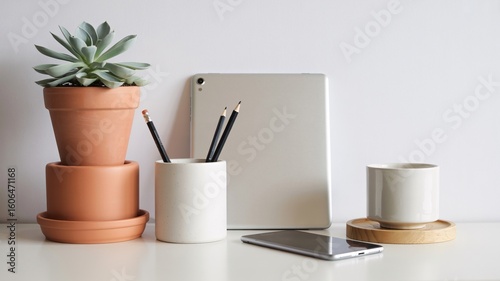 Desk setup with succulent plant, tablet, smartphone, pencils, and coffee cup for home office decor