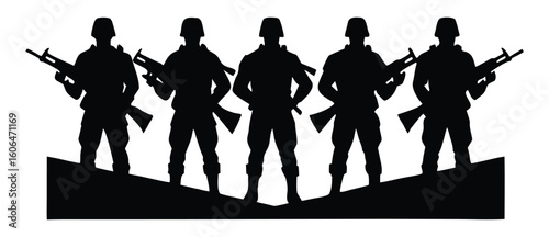 Silhouette of Soldiers Standing Guard Armed with Rifles Ready for Action in Graphic Design Element