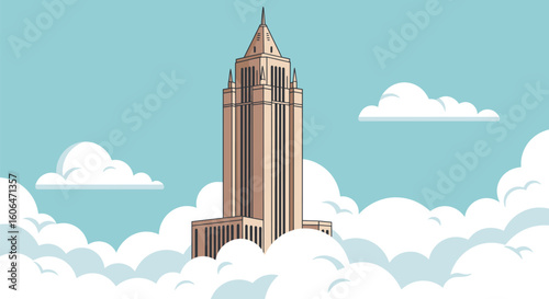Skyscraper Above the Clouds in a Bright Blue Sky