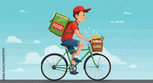 Food Delivery Rider on a Bicycle with Boxes of Food