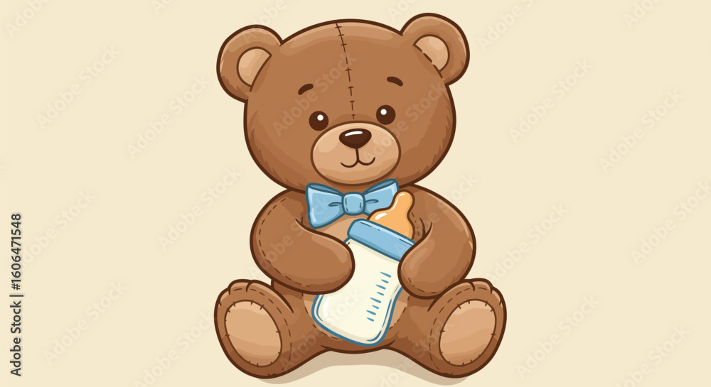 Fototapeta premium Cute Teddy Bear Holding a Baby Bottle