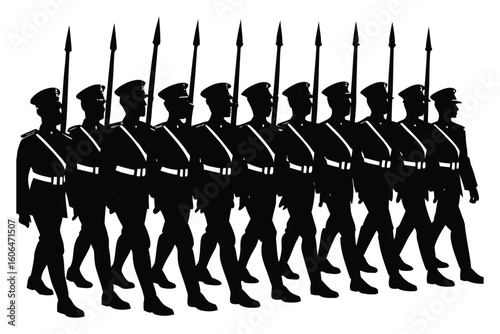 Silhouetted Soldiers Marching in Formation Military Precision and Uniformity in Graphic Design Element for Historical or Patriotic Themes