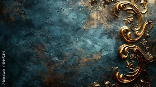 Ornate gold filigree scrolls on textured, blue-teal background with aged look and decorative accents