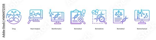 Biomedical innovation web banner icon vector illustration showing Drug, Heart Analysis, Bioinformatics, Biomedical, Biomedicine, Biomedical, and Biomechanical.