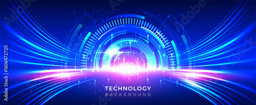 Technology blue background vector with glowing lines and circular HUD interface. Futuristic digital design for banners, covers, presentations