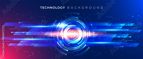 Dark Blue Technology Background with Futuristic HUD Interface Abstract Vector Design with Glowing Circles and Light Lines, perfect for website banner, cover, presentation