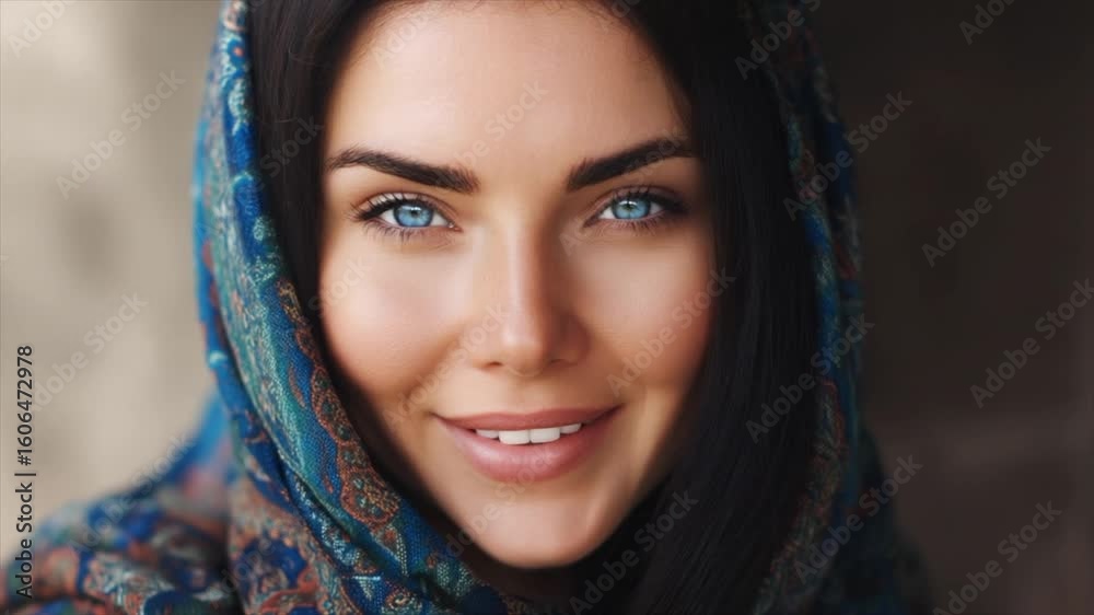 A beautiful woman with blue eyes and dark hair wearing an intricate headscarf A beautiful woman with blue eyes and dark hair wearing an intricate headscarf