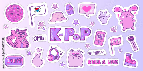 A vibrant collection of K-Pop themed stickers showcasing colorful characters and symbols. The design includes a cat, bunny, microphone, and trendy text elements on a soft pastel backdrop.