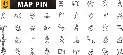 Map pin editable outline icon set. Geolocation, pin, marker, path, location, route, flag, globe, navigation and more
