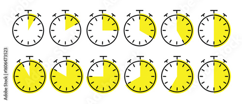 Stopwatch Timer Icons with Countdown Segments and Circular Progress Vector Graphic Set