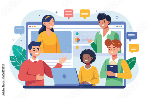 Dynamic online business discussion highlighting collaboration and engagement among diverse individuals using digital platforms to exchange ideas