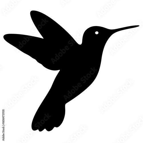 A black and white silhouette of a hummingbird with wings outstretched