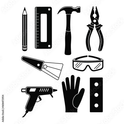 Black and white DIY vector set with 10 home repair tools including hammer, pliers, putty knife, gloves, and glue gun