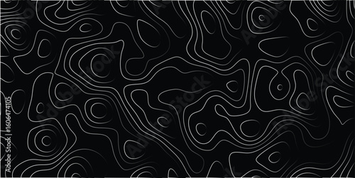 Abstract topographical map texture with contours in shades of grey and white on a black background creating a seamless repeating pattern