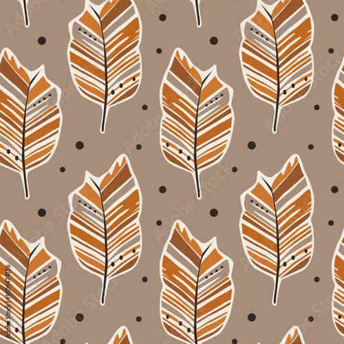 The design showcases a repeated pattern of stylized leaves in shades of brown on a warm background, accented by dark dots. Ideal for nature-themed projects and decor.