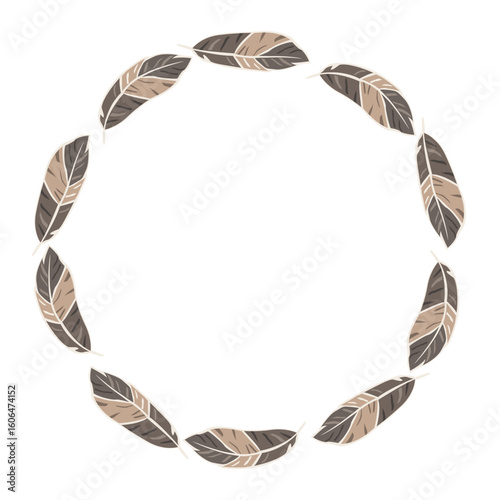 A circular arrangement of stylized feathers in shades of brown and cream creates a harmonious and elegant decorative border. This design is perfect for various artistic projects.