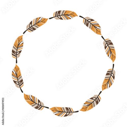 A circular design features stylized leaves in earthy tones arranged symmetrically. The artwork highlights intricate patterns and a connection to nature, creating a warm atmosphere.