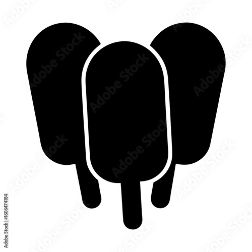 Three delicious ice cream popsicles or frozen treats, simple black silhouette