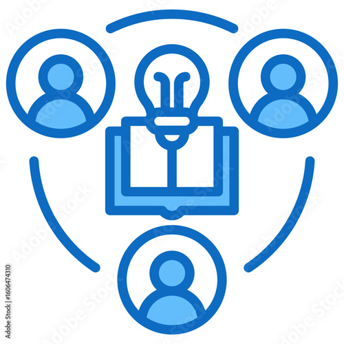 Collaborative Ideas Blue Fill Outline Icon Vector Design - Open book with central light bulb and people around, representing idea exchange in group learning