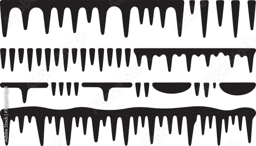 Dripping Icicle Silhouettes – Six Black Rows Featuring Sharp and Rounded Icicle Designs in Varying Lengths for Winter and Frost-Themed Graphics