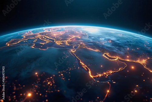 Stunning view of Earth at night alive with glowing city lights and interconnected networks stretching across continents