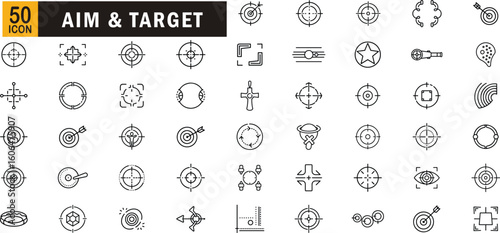 Aim and target editable outline icon set. Crosshair, focus, goal, accuracy, pointer, sniper and more.
