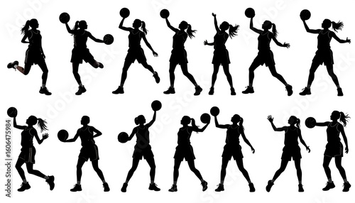 Diverse basketball player silhouettes showcase dynamic action shots and sporting movement