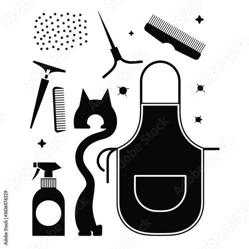 Cat grooming essentials with nail trimmer detangling spray and apron black and white vector illustration