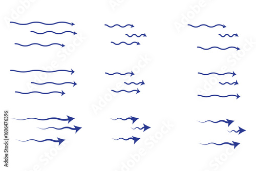 Air flow. Set of blue arrows showing direction of air movement. Wind direction arrows. Blue cold fresh stream from the conditioner.