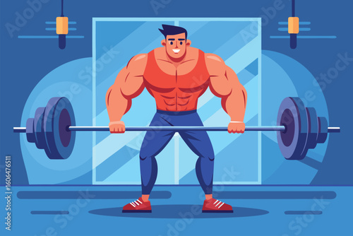 Muscular man engaged in weight training, lifting heavy barbell indoors at modern gym during daytime for fitness and strength building