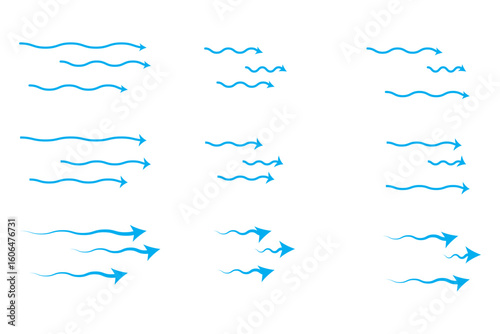 Air flow. Set of blue arrows showing direction of air movement. Wind direction arrows. Blue cold fresh stream from the conditioner.