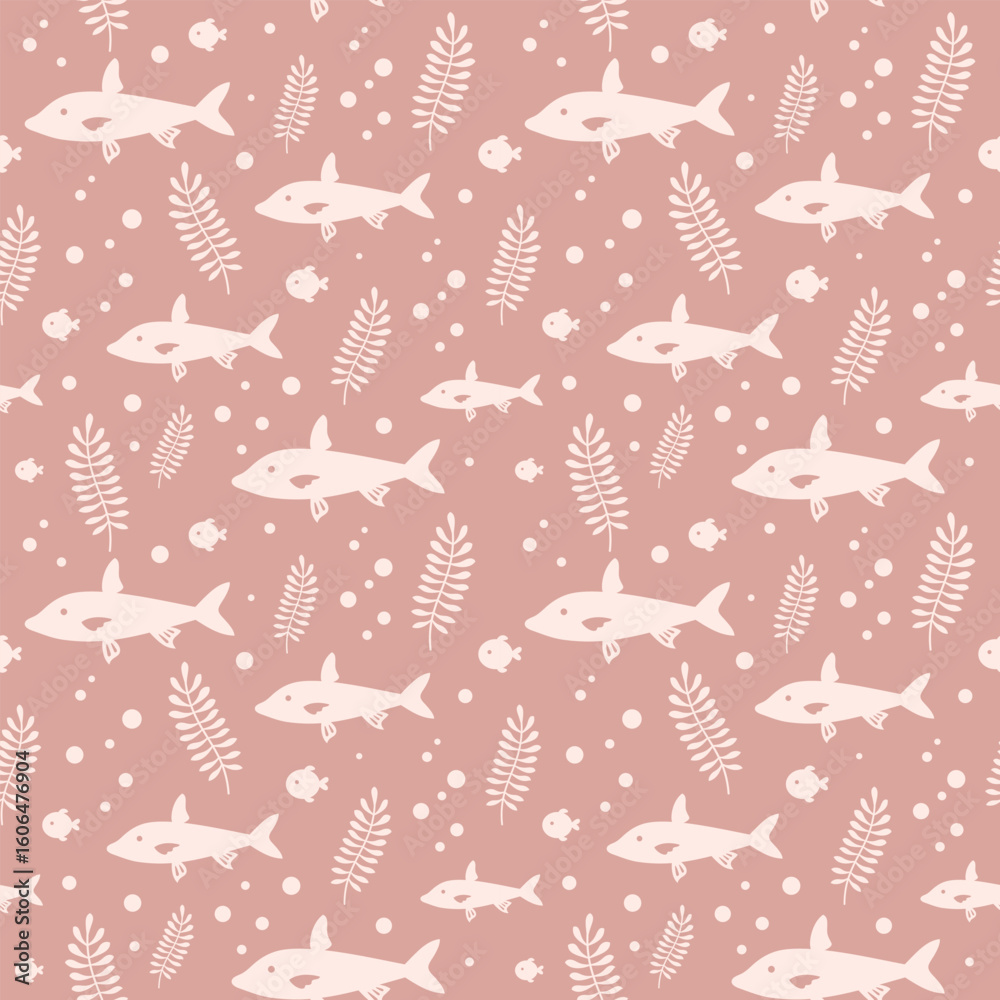 Fototapeta premium Pink ocean seamless pattern with fish and seaweeds in silhouette style. Cute sea vector background