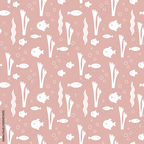 Pink ocean seamless pattern with fish and seaweeds in silhouette style. Cute sea vector background